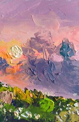 acrylic painting on panel original hand made art foggy sunset landscape river
