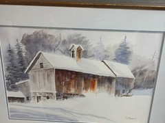 Painting of barn covered snow fine art watercolor landscape painting (original)