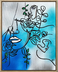 Woman Line Drawing White Lip Original Signed Mixed Media Art Painting 11×14 OOAK