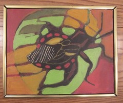Signed 1969 oil painting on canvas beetle insect/bug geometric colorful 8×10″