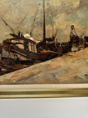 Antique Painting 1910’s Impressionist Coast Beach Industrial Boat Dock Listed