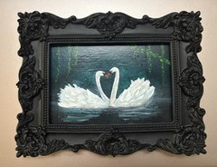 Original Painting ‘Forever’ Swans Antique Frame Wall Art in Acrylic 4×6