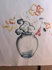 Chiura Obata Original Painting-Watercolor And Ink-Flowers In Vase With Cricket