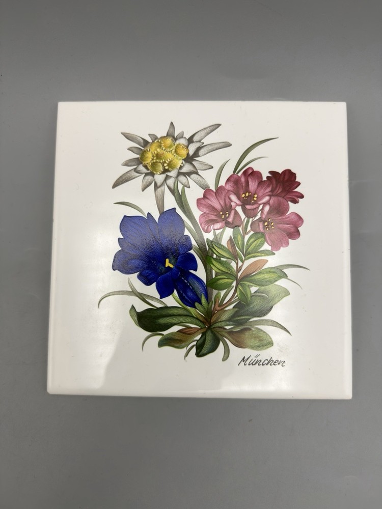 Vintage painting flowers on French ceramic Tile France Artist signed “Műnchen”