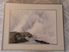Watercolor art by Sherri Bails madded framed signed crashing waves on rocks