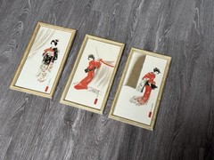 Three-piece Asian inspired Japanese watercolor paintings Bamboo Frame Geisha