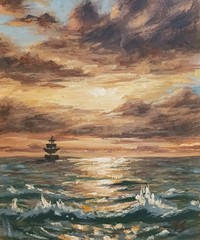 Sunset Ocean ORIGINAL Oil Painting Impressionism Ship Boat Fine Art 8″x10″