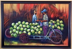 Original Oil Painting Art Coconut Vendor with Cart Caribbean Jamaica