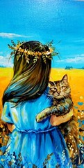 Ukrainian Patriotic Acrylic Painting, Woman with Cat, Blue and Yellow Artwork