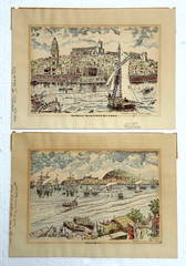 2 ANTIQUE WATERCOLOR AQUATINT MARIA BASTIONI 19TH C. EUROPEAN PORT SEASCAPE 1881