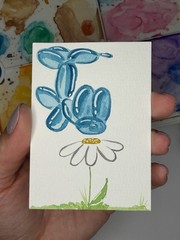 ACEO Original Watercolor Painting 2.5×3.5in -Aqua Balloon Dog With A Flower