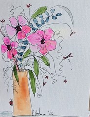 Original Signed Watercolor Painting. Floral. Line and Wash. Bouquet. Gift