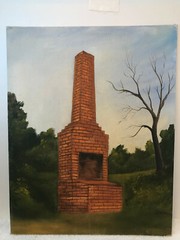 2 VTG 1950’s Acrylic Board Paintings Rustic Outdoor Fireplace Mountain Scape