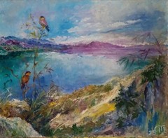 Painting „Landscape with Brahminy Starlings“. Oil on cardboard. 8×10 inc. Handma