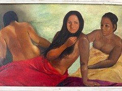 Vintage Signed Stuart Van Orden MCM Oil Painting Tahitian Figures Polynesian Art