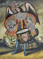 Vtg LOVELY ~ Archangel Angel MUSICA DRUM Cusco School Peru Original Oil Painting