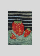 ACEO Art Trading Card Shiny Strawberries Gouache Metallic Glitter Paint OOAK