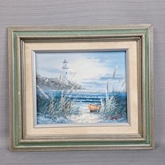 Vintage Framed Original Oil Painting Seascape Beach Lighthouse Signed B. Nelson