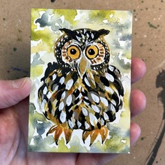 Hootley the Forest Librarian ACEO Original Painting Owl Art Card 2.5×3.5 OOAK
