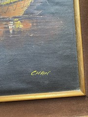 Chinese Fishing Boats – ORIGINAL OIL FRAMED PAINTING ON CANVAS – Signed by Chan