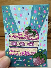ACEO Original Art Dessert Strawberry Cake Gouache Painting Whimsy By Liz Durant