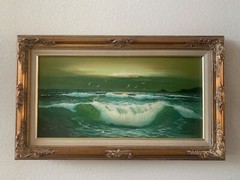 Vintage Painting of Ocean Breaking Waves, 17.5″ x 29.5″