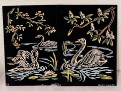 2 Vtg 60s SWAN PAINTING Set VELVET BLACK Picture Art Deco Lake Branches Blossom
