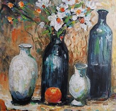 Original Acrylic Still Life Painting Floral Vase Bottles Impressionist Art 16×16
