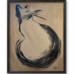 Minimalist Cat Painting Original Art 14×11 Canvas Signed Black Creme Home Decor
