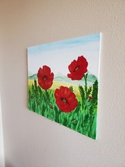 Handmade Painting Acrylic Art Panel 11x14x1/16 Decor Flowers Poppies Mountains