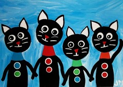 Whimsical black cat art aceo size original painting signed „Cats Together“