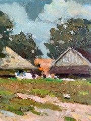 Oil painting Chickens graze Ukrainian painter Canvas Unframed original landscape