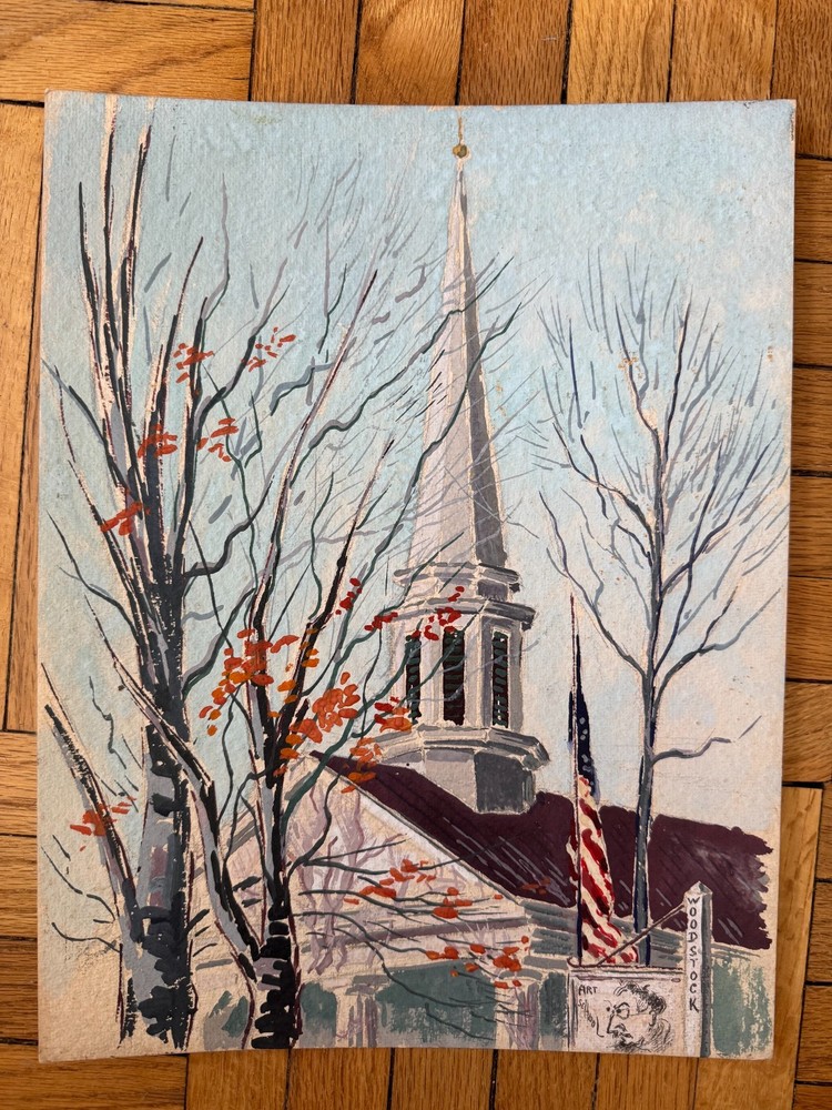 Vintage C.1957 Gouache Paper Painting Woodstock NY Jean Schweckler 13.5 x 10.5