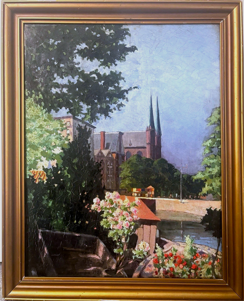 Antique 1925 19”x14” Framed Realism Cityscape Oil Painting On Canvas Signed