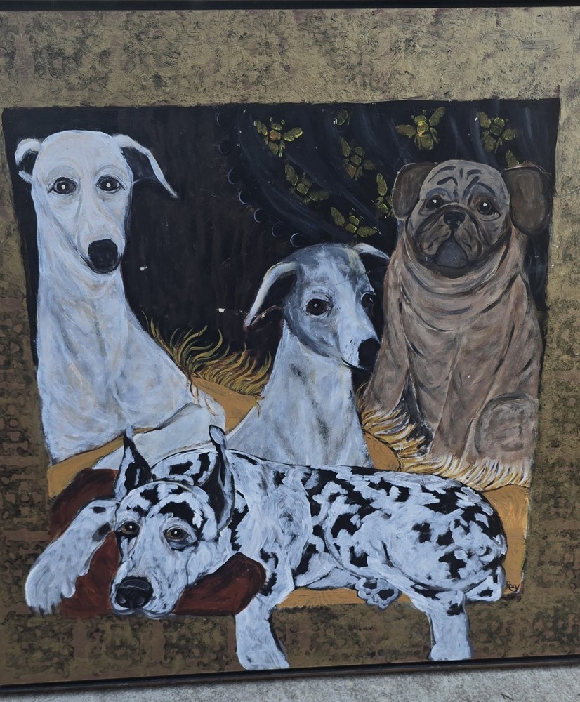 Dogs Painting Oil on Board Signed and Framed 36″x 36″ Artist Roxy Pug Great Dane