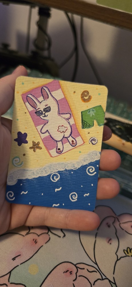 Original Miniature Cartoon Rabbit Beach Painting ACEO Handmade Art Tan your Buns