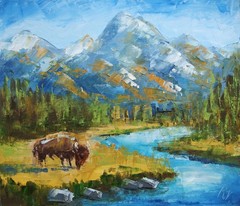 Bison in Wyoming 10×12″ Grand Teton Landscape Oil Painting Buffalo Handmade