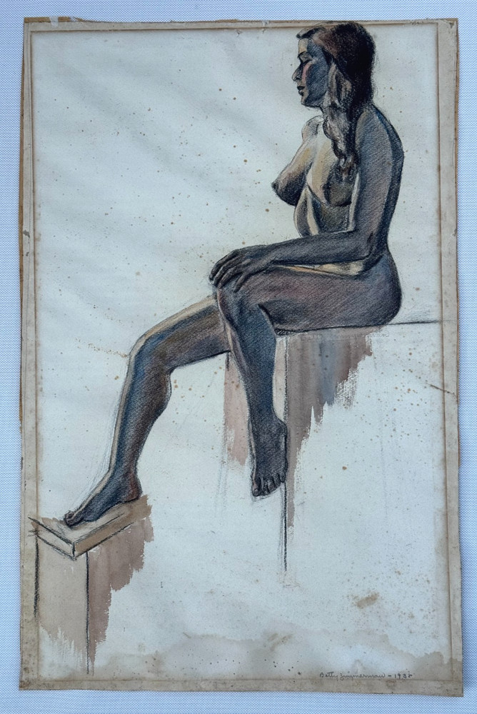 BETTY ZIMMERMAN ORIGINAL ANTIQUE PAINTING DRAWING SEATED FEMALE NUDE 1938 AS IS