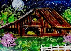 ACEO Original PAINTING Spring TREE Night BARN Sky Stars FARM Landscape ATC ART
