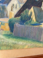 Listed Artist Knud Hvidberg Denmark Original 1954 Pastel Home Scene Framed