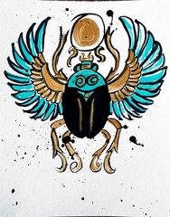 TITA PAINTZ Egyptian Beetle Gold Teal Original Abstract Painting 9×12 Wall Art