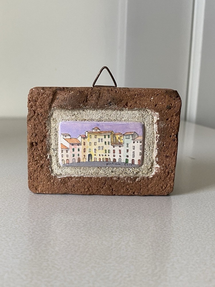 Vintage Miniature Painting on Brick Stone Spanish European Landscape Cityscape