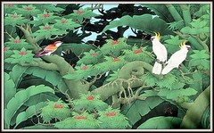 Balinese Painting „Birds in the Jungle“ Outstanding! (46.75″ Wide x 29.5″ High)
