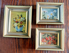 3 Mini Oil Paintings Floral Still Life Pictures Gold Wood Frames Signed SK 3″