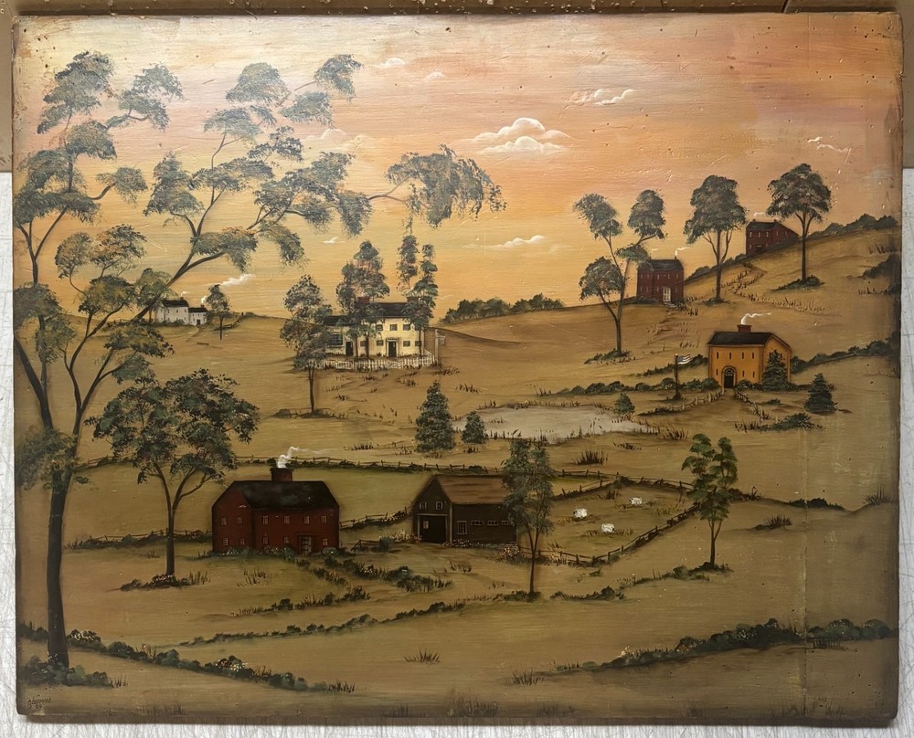 Vintage GLADYS DESMOND New England Farm Landscape FOLK ART Bread Board Painting