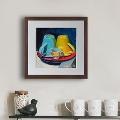 Original Still Life Oil Painting Cups Blue Yellow Kitchen Mug Art Board Sign 8×8
