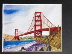 Golden Gate Bridge San Francisco Watercolor Art Signed by Carlos Cuzma 4” x 5”