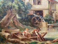 18th Century ANTIQUE Oil Painting Francois BOUCHER Figures Watermill GILT FRAME
