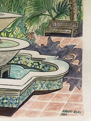 FOUNTAIN at COCONUT GROVE Original Watercolor & Pen & Ink art K Jones Miami FL