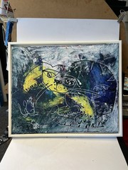 Cat with mouse 50×60 acrylic picture blue yellow mixed media drawing orig sign ZM